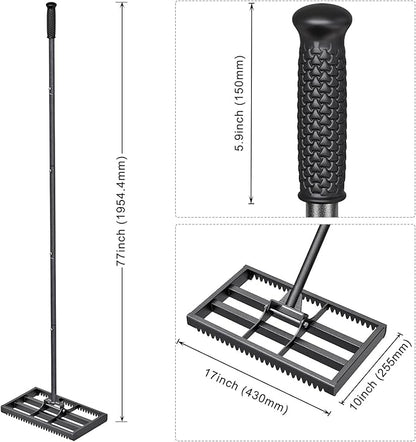 Lawn Leveling Rake with Rounded Edges, 17x10'' Leveling Rake with Tines to Level The Lawn, Heavy Duty Lawn Leveling Tool with 77'' Adjustable Handle to Make The Lawn Leveling Job Much Easier