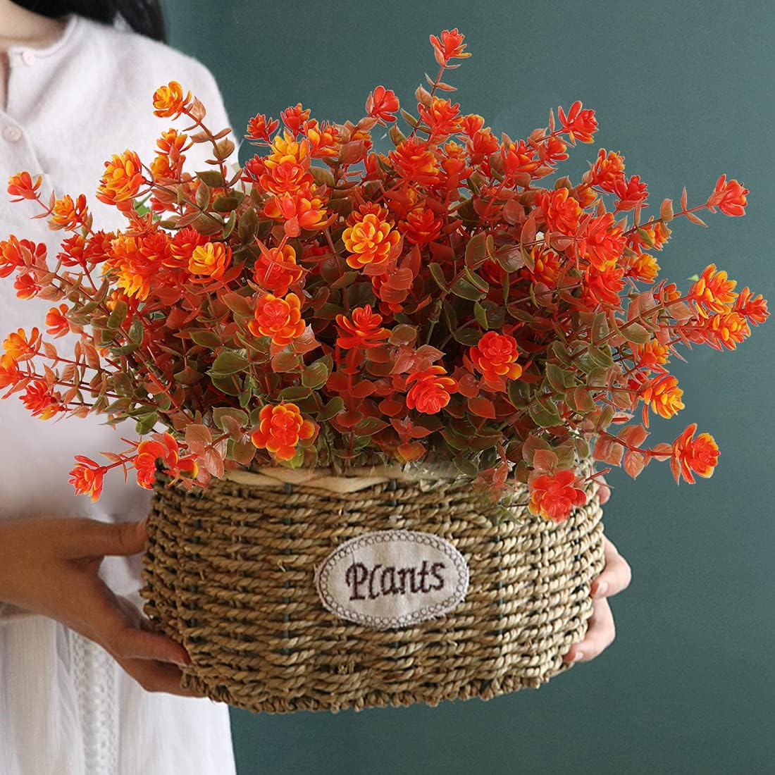 12 Bundles Artificial Outdoor Flowers UV Resistant Fake Plastic Plants No Fade Faux Fall Flowers for Hanging Planter Garden Porch Patio Window Box Wedding Thanksgiving Halloween Decor(Green Orange)