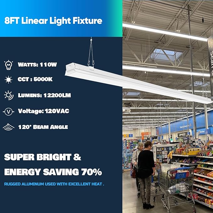 ANTLUX 8FT LED Shop Light Fixture, 110W Strip Light, 12200 LM, 5000K, 8 Foot LED Linear Lights, Linkable led Lighting for Garage Warehouse Workshop, Fluorescent Tube Replacement, 6 Pack