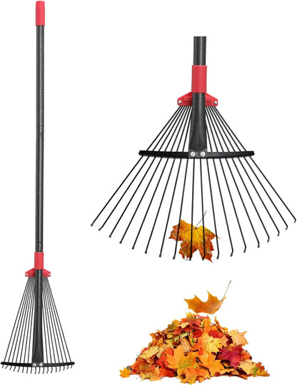Garden Rake for Leaves: 55 Inch Adjustable Long Handle 18 Metal Tines with 8-17" Expandable Head Heavy Duty Metal Rake for Lawns Leaves Yard Grass Camping Debris