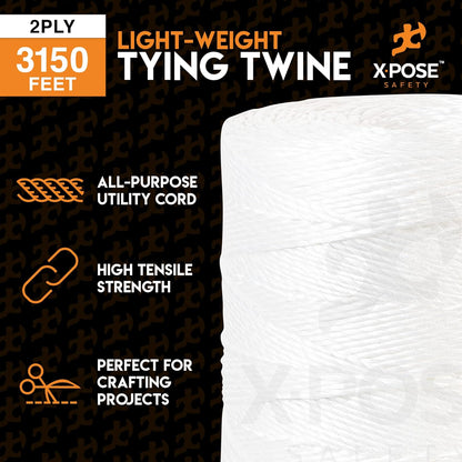 Polypropylene Tying Twine - 2 Ply White Plastic Poly String 4200' Roll - Soft On Hands - Heavy Duty Outdoor & Indoor Tie Line - Baling, Shipping & Bundling Twine, Packaging Rope 4 Pack