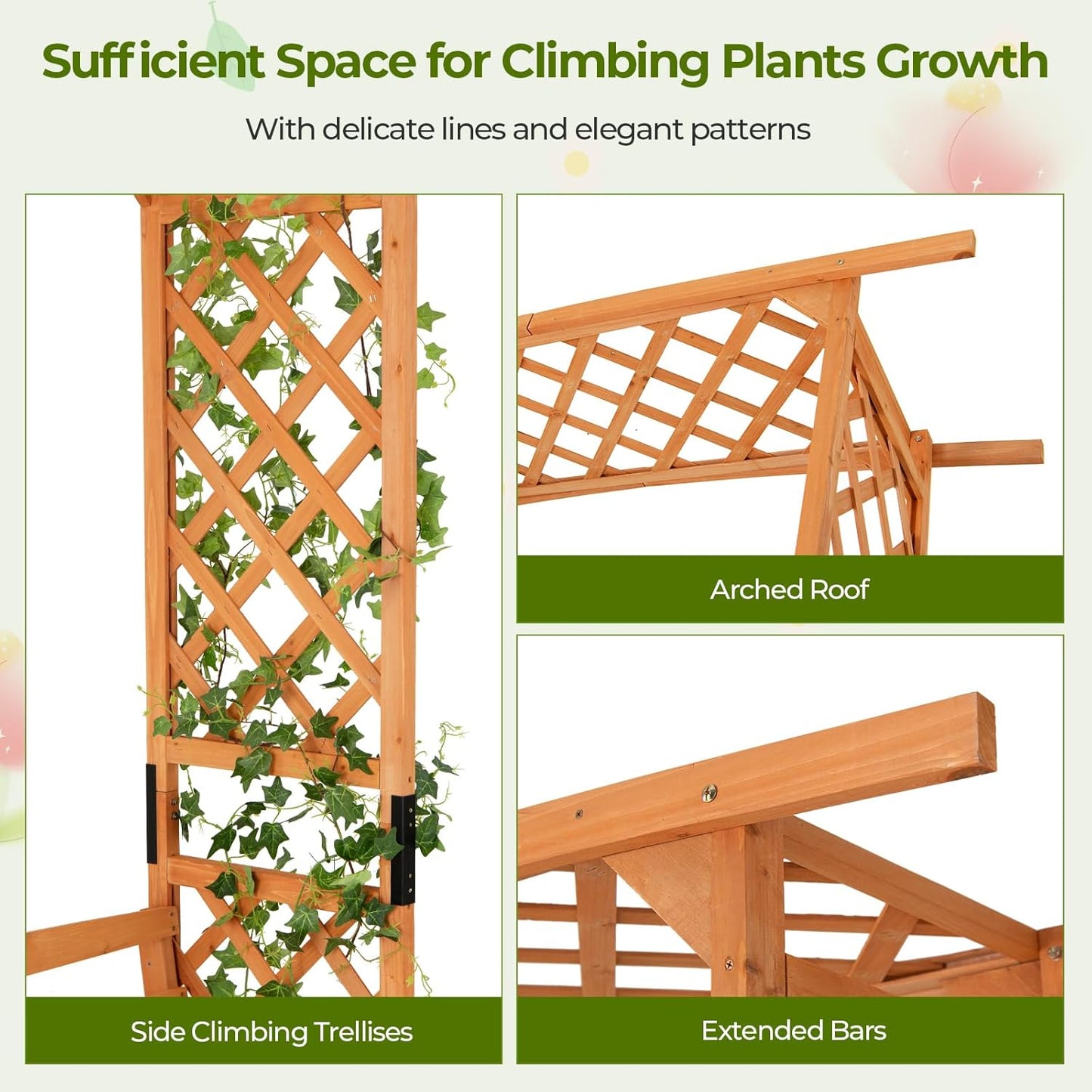 Giantex Garden Arch Trellis with Bench - 63''W x 79''H Wooden Arbor with 2-Person Outdoor Bench, Garden Arbors Archway Pergola for Climbing Plants Rose Wedding Backyard Party Lawn Decor