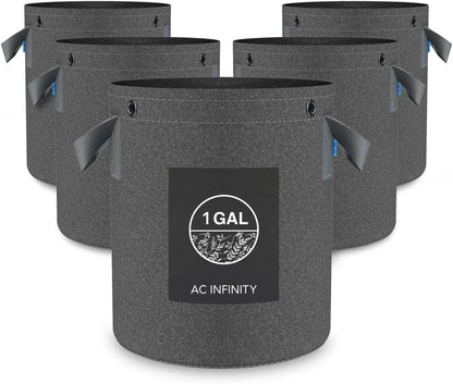 AC Infinity Heavy Duty Fabric Pots, 1 Gallon Aeration Reusable Grow Bags 5-Pack with 500G Thick Nonwoven Fabric and Multi-Purpose Rings, for Low Stress Plant Training Fruits, Vegetables, and Flowers