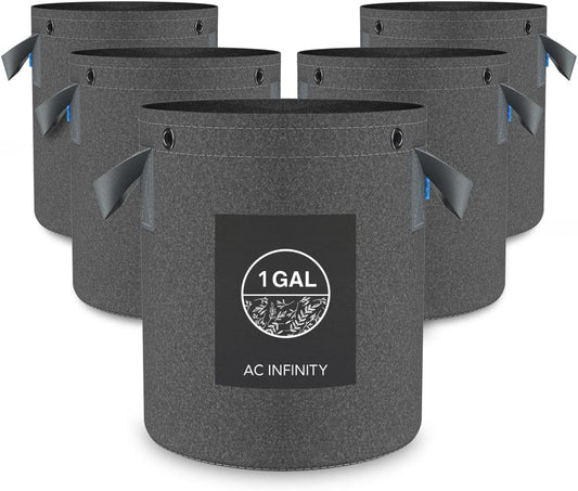 AC Infinity Heavy Duty Fabric Pots, 1 Gallon Aeration Reusable Grow Bags 5-Pack with 500G Thick Nonwoven Fabric and Multi-Purpose Rings, for Low Stress Plant Training Fruits, Vegetables, and Flowers