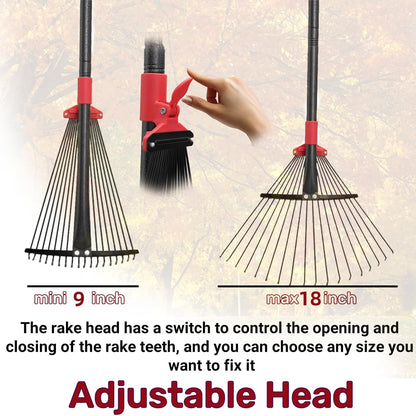 76 Inch Rake for Leaves, Adjustable 18 Metal Tines with Expandable Head Garden Rakes for Lawns Heavy Duty Metal Rake for Leaves Yard Gardening Grass Outdoor Debris
