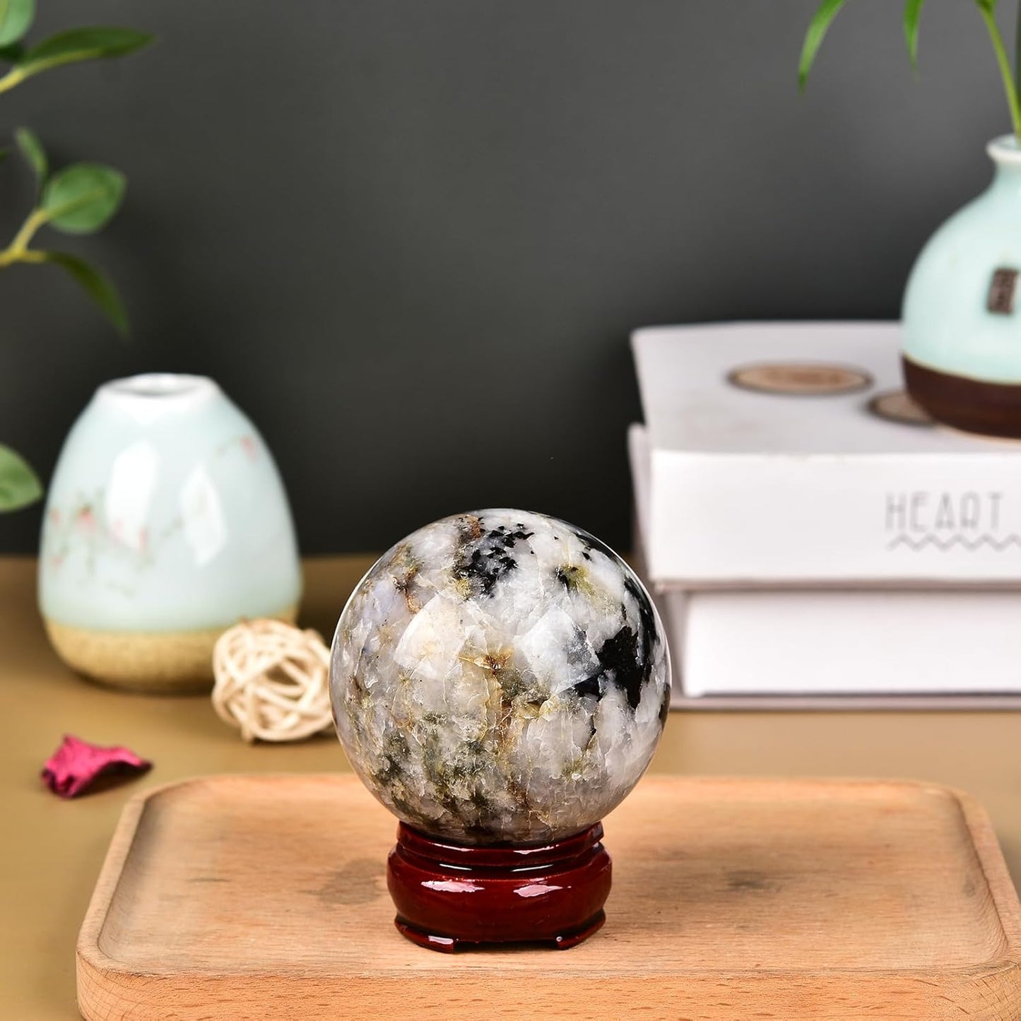 JIC Gem Natural Black and White Tourmaline Crystal Sphere with Wooden Stand Black Quartz Crystal Ball Healing Ornament Specimen Altar Reiki Crystal 60-70mm