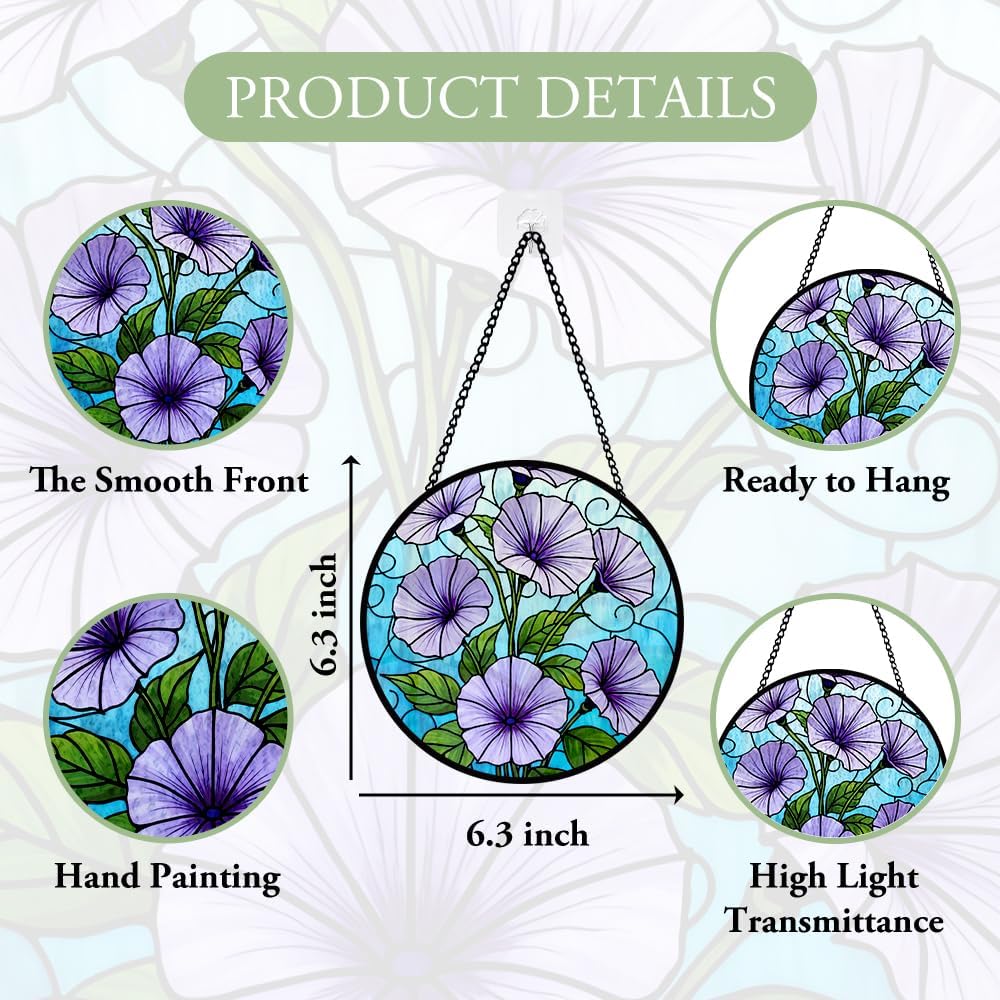 Morning Glory Stained Glass Window Hanging, Purple Suncatcher Panel Hanging for Indoor Outdoor Window Decorations, Morning Glory Glass Ornament for Wall, Garden Decor Gifts for Wedding, Housewarming