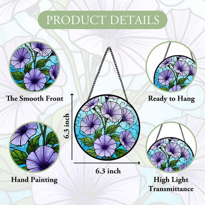 Morning Glory Stained Glass Window Hanging, Purple Suncatcher Panel Hanging for Indoor Outdoor Window Decorations, Morning Glory Glass Ornament for Wall, Garden Decor Gifts for Wedding, Housewarming