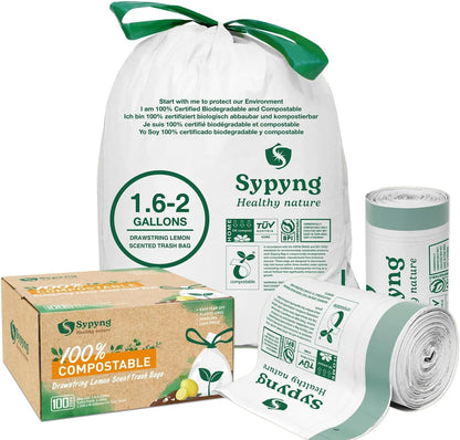 Compostable Kitchen Waste Trash Bags 1.6-2 Gallon (100 Pack) Heavy Duty 100% Biodegradable White Compost Bags for Countertop Bin, ASTM D6400, BPI & OK Compost HOME Certified, Eco-Friendly & Recyclable