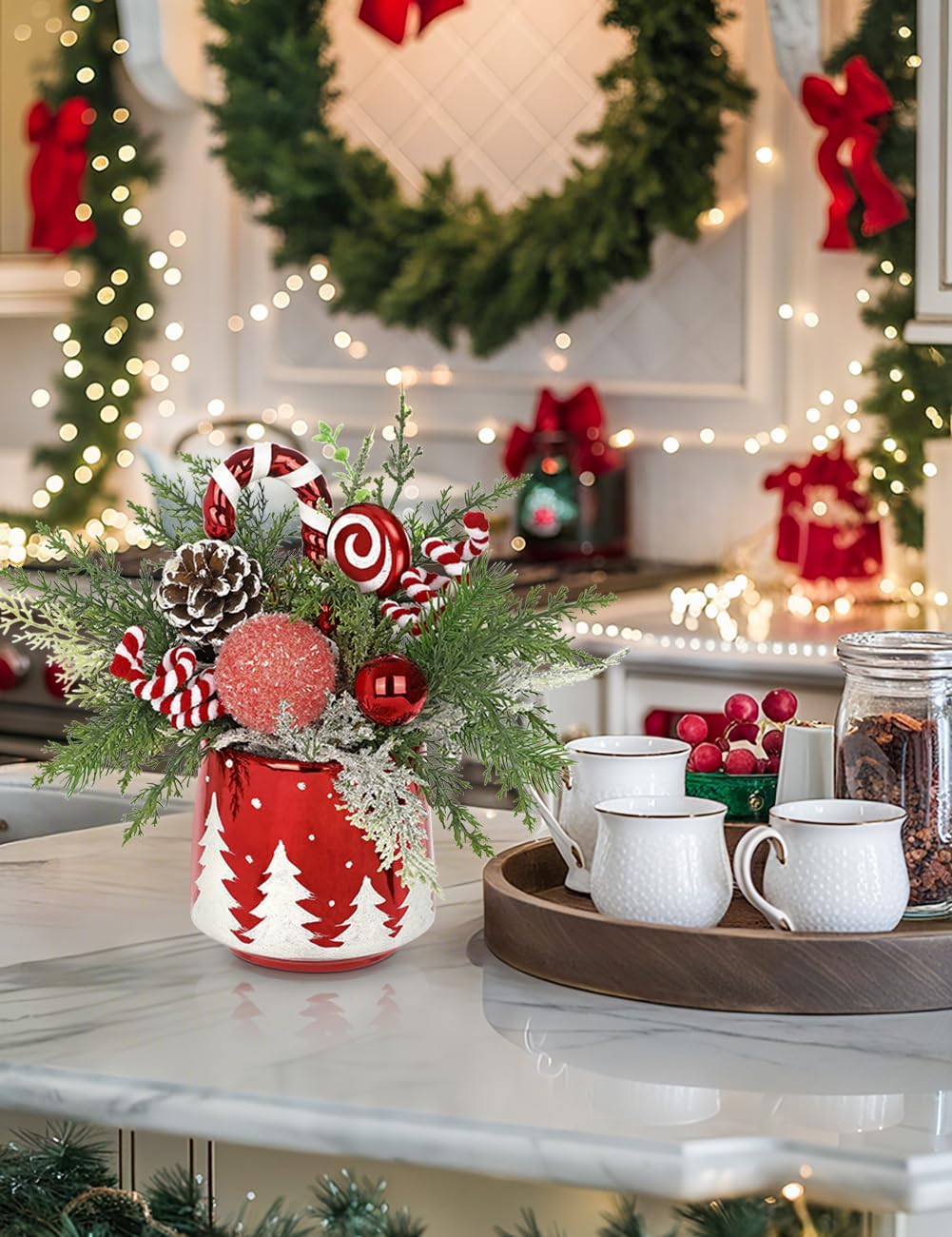 Christmas Centerpieces for Tables, Small Christmas Table Arrangements with Ceramic Vase Red & White Winter Holiday Table Centerpiece with Pine Branches Candy Cane Decor for Tabletop Dinner Tables