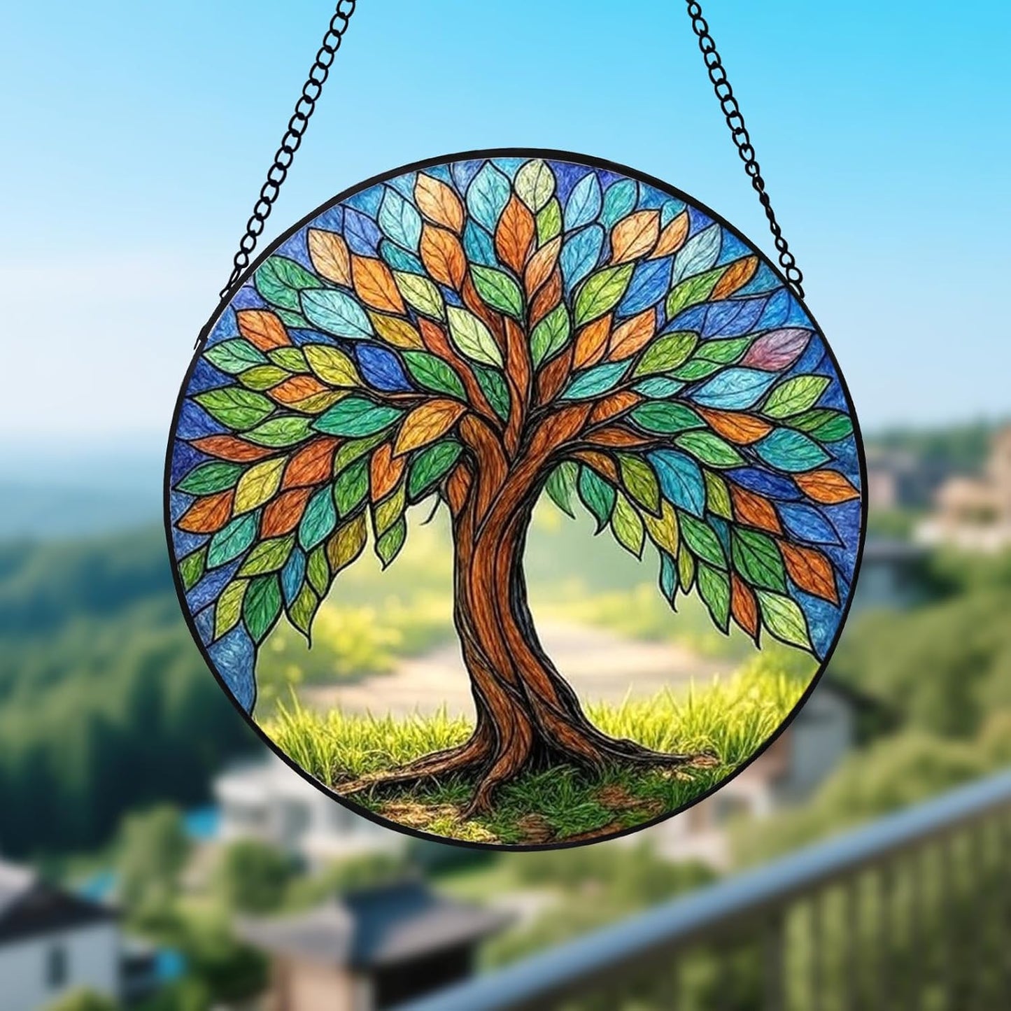 Stained Glass Window Hanging – Colorful Tree of Life Sun Catcher Round Glass Panel, Vibrant Window Decor Suncatchers for Windows Hanging Gift for Women, Mom, Wife, Friends (12 Inch)