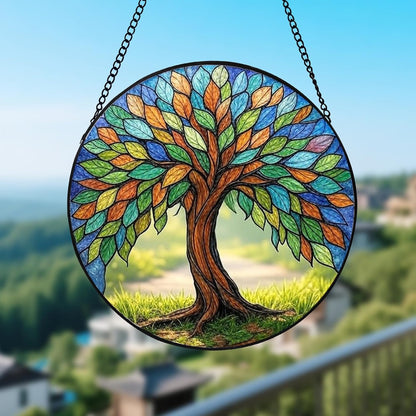 Stained Glass Window Hanging – Colorful Tree of Life Sun Catcher Round Glass Panel, Vibrant Window Decor Suncatchers for Windows Hanging Gift for Women, Mom, Wife, Friends (12 Inch)