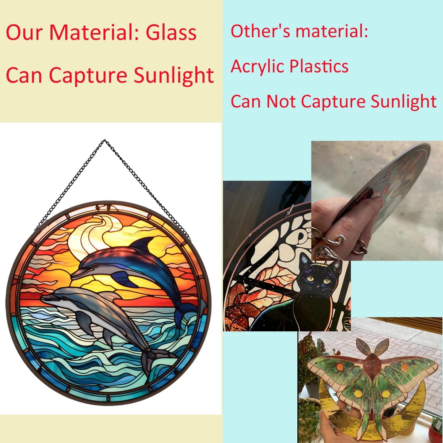 Jumping Dolphin Pattern Suncatcher Stained Glass,Hanging Stained Glass for Windows,20cm/7.87inch Sun Catcher Garden Hangings Ornaments Halloween Fall Christmas Decor for Home