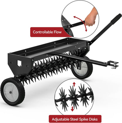 YITAMOTOR 40" Tow Behind Spike Aerator, Durable Lawn Aerator for Soil Penetrator with Transport Wheels & Galvanized Plug Coring Tines & Universal Hitch Tow Bar & Side Control Handle for ATV,Black