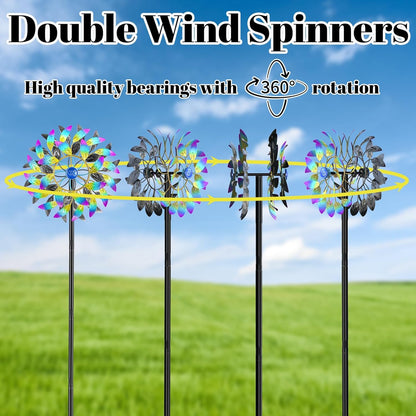 Metal Outdoor Wind Spinner, 2-Way Wind Sculpture Spinner with Metal Stake, Waterproof 360 Degrees Kinetic Windmill Art Decoration for Patio Garden Lawn (A- Colorful)