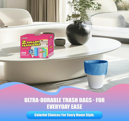 300 Count 2 Gallon Trash Bags - 7.5 Liter Colored Small Garbage Bags Unscented Wastebasket Liners Heavy Duty & Leakproof Mini Can Liners for Bathroom Office Home Car