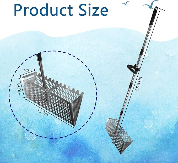 Sand Flea Rake Set, Sand Sifter for The Beach, Stainless Steel Shark Tooth Sifter, with 16" Width Basket Metal Detecting Tool with Anti Slip Handle for Collecting Seashells