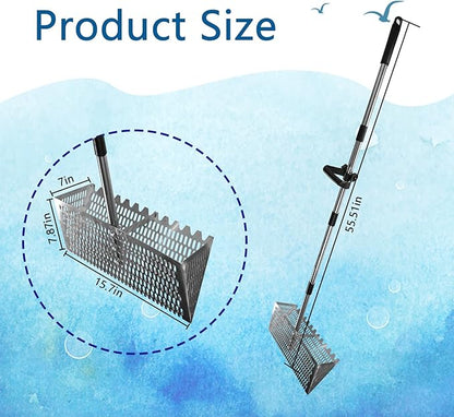 Sand Flea Rake Set, Sand Sifter for The Beach, Stainless Steel Shark Tooth Sifter, with 16" Width Basket Metal Detecting Tool with Anti Slip Handle for Collecting Seashells