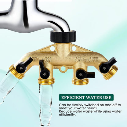 Dalmbox Garden Hose Splitter 4 Way, Water Hose Splitter, 3/4" Heavy-Duty Brass Garden Hose Splitter, Includes 5 Rubber Washers & Teflon Tape(1 pack)