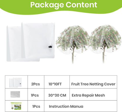 2Pcs Large 10x10FT Fruit Tree Netting with Zipper, Drawstring - Mesh Bags Covers for Garden Protection - Insect Bird Tree Nets for Fruit Trees, Blueberry Bushes, Flower and More
