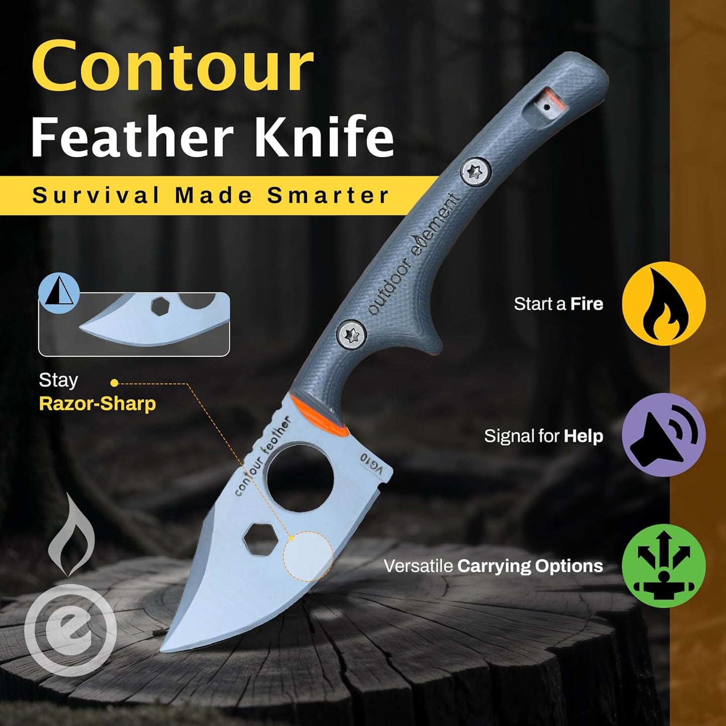 OUTDOOR ELEMENT Contour Feather Survival and Culinary Knives – VG10 Steel Fixed Blade with Fire Starter, Hex Driver, Knife Sharpener, Sheath & Built in Whistle - Built For Camping & Outdoor Adventure