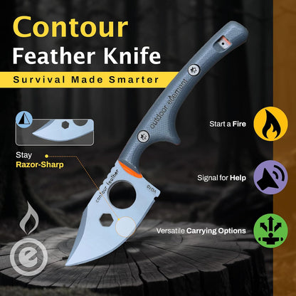 OUTDOOR ELEMENT Contour Feather Survival and Culinary Knives – VG10 Steel Fixed Blade with Fire Starter, Hex Driver, Knife Sharpener, Sheath & Built in Whistle - Built For Camping & Outdoor Adventure