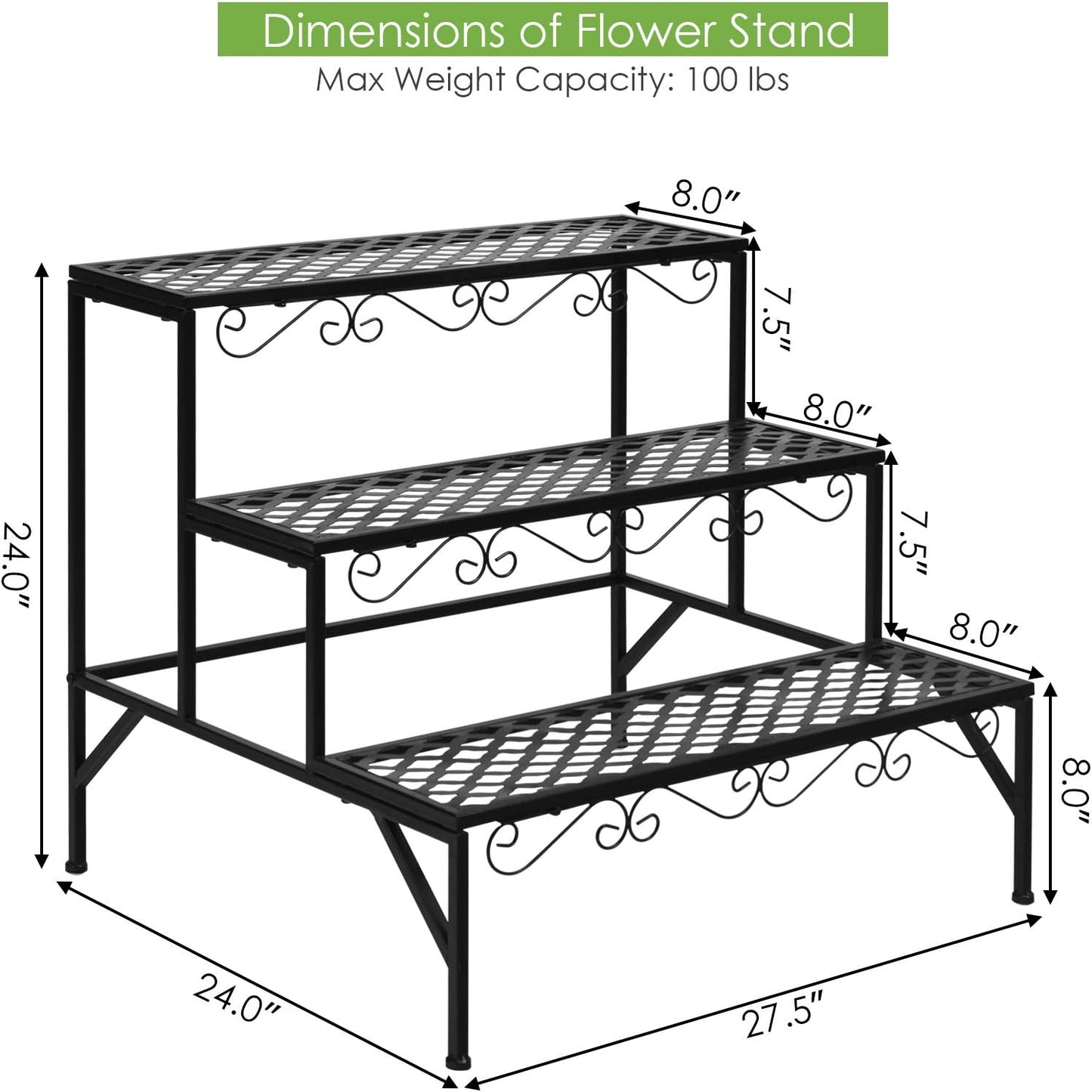 Giantex 3 Tiers Black Metal Plant Stand, Metal Plant Shelf Stands w/ 6-9 Flower Potted Capacity Holders, Multiple Flower Pot Display Rack for Plants Patio Garden Corner Indoor (Rectangular)