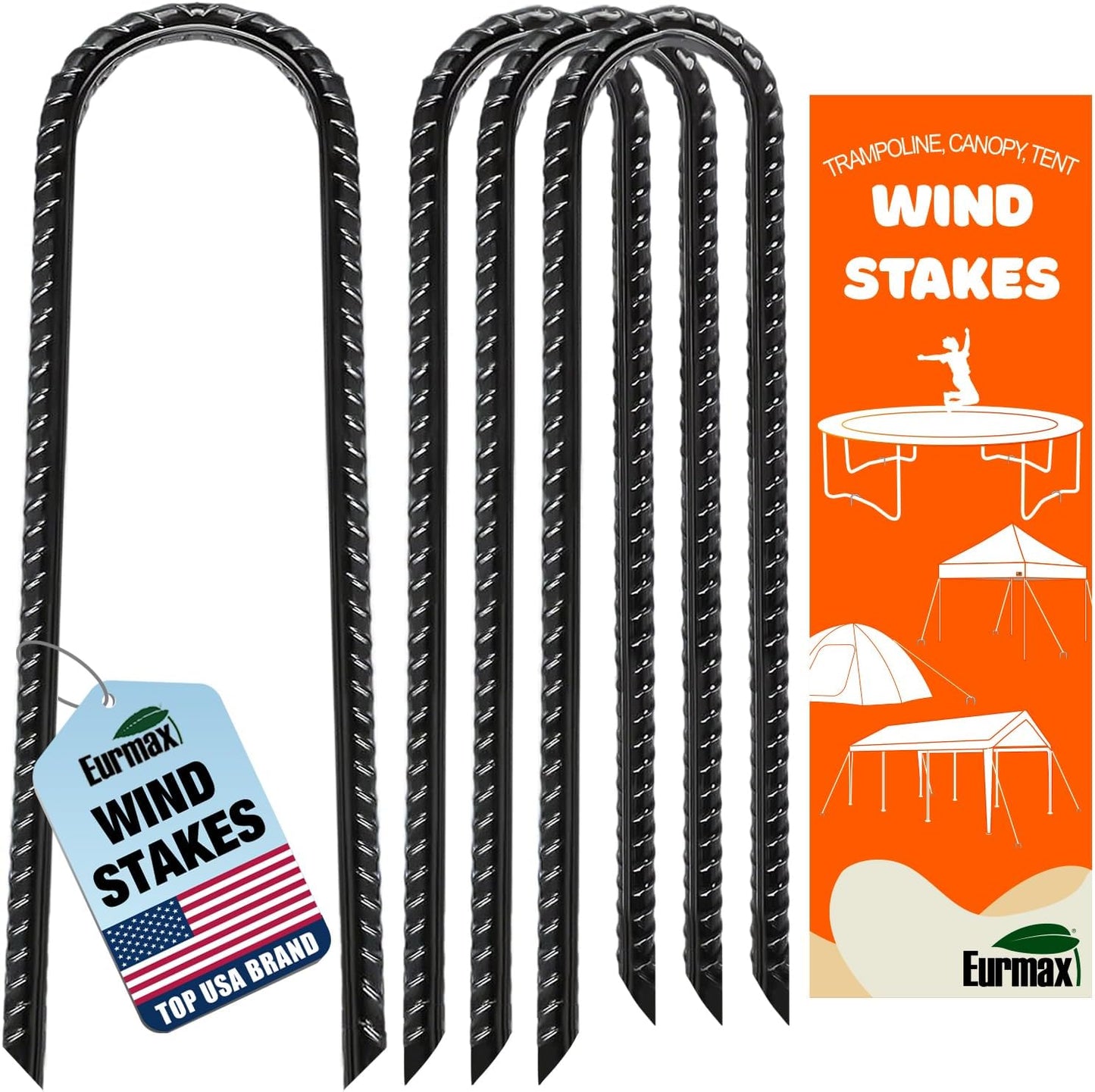 Eurmax USA U-Shaped-Rebar-Stakes-12-Inch, Ground Stakes Heavy Duty Trampoline Stakes Rebar Galvanized for Camping Tent Trampoline Accessories Dog Fence,Pack of 4(Black)