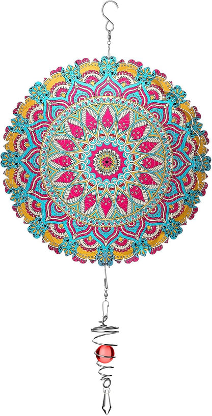 12 Inch Mandala Wind Spinners with Gazing Ball Spiral Tail, Outdoor 3D Stainless Steel Hanging Spinner Mandala Wind Catchers Sculpture for Indoor Outdoor Garden Yard Decoration (Flower)