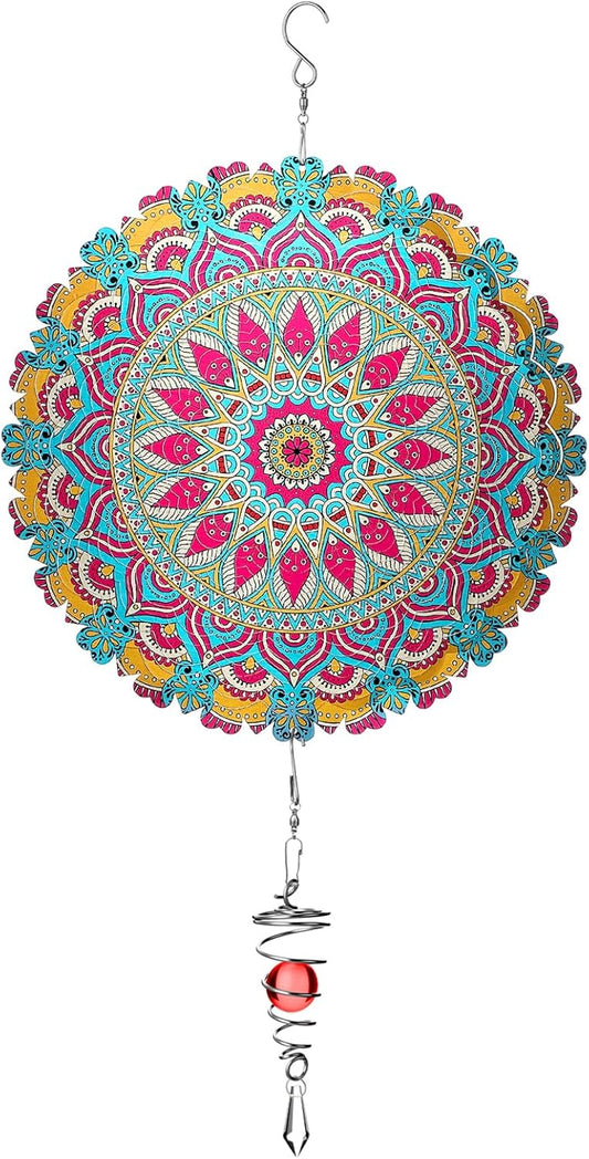 12 Inch Mandala Wind Spinners with Gazing Ball Spiral Tail, Outdoor 3D Stainless Steel Hanging Spinner Mandala Wind Catchers Sculpture for Indoor Outdoor Garden Yard Decoration (Flower)