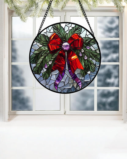 Stained Glass Window Hanging - Purple Gem Christmas Wreath Suncatcher for Doors Home Christmas Decoration Winter Sun Catcher Thanksgiving New Year Birthday Gifts for Women Men Mom Nana 7.8 in
