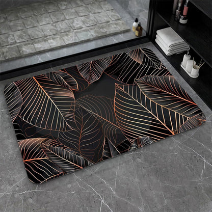 Bath Mat-Bathroom Rug，Black Rose Gold line Leaves-Absorbent Non Slip Quick Dry Stain Resistant Easy to Clean Care Shower Rug for Bathtub Shower Room 17×27.5Inch (43 * 70cm)