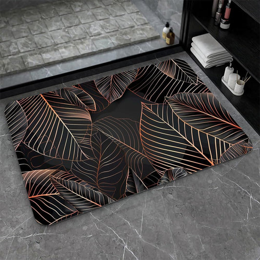 Bath Mat-Bathroom Rug，Black Rose Gold line Leaves-Absorbent Non Slip Quick Dry Stain Resistant Easy to Clean Care Shower Rug for Bathtub Shower Room 16×24Inch (40 * 60cm)
