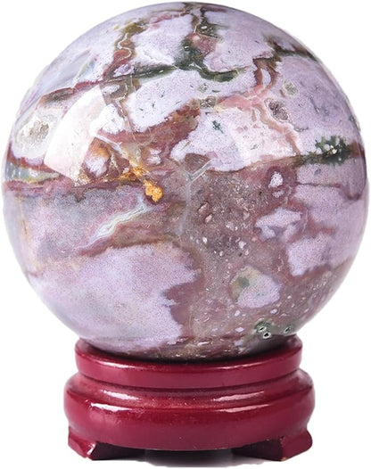 JIC Gem Natural Ocean Jasper Crystal Sphere with Wooden Stand Decorative Crystal Ball Healing Gemstone Sphere for Meditation,Feng Shui,Witch-Style Decor,Table 80-90mm