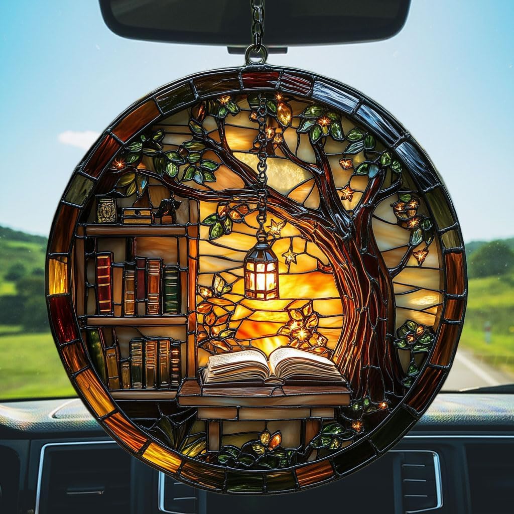 Forest Library Bookshelves Acrylic Suncatcher Stained Glass Effect Window Car Hanging Christmas Ornament Indoor Outdoor Decor Garden Sun Catcher Panel for Book Lover for Women Mom Grandma