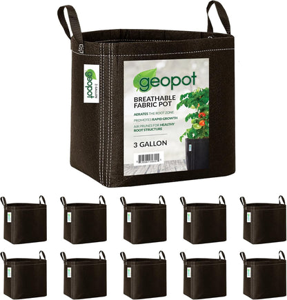 GeoPot 3 Gallon Fabric Grow Bags with Handles for Vegetables, Houseplants, Herbs & Flowers | 10-Pack | Fabric Pots for Outdoors and Indoors, Aerated Fabric Grow Bags