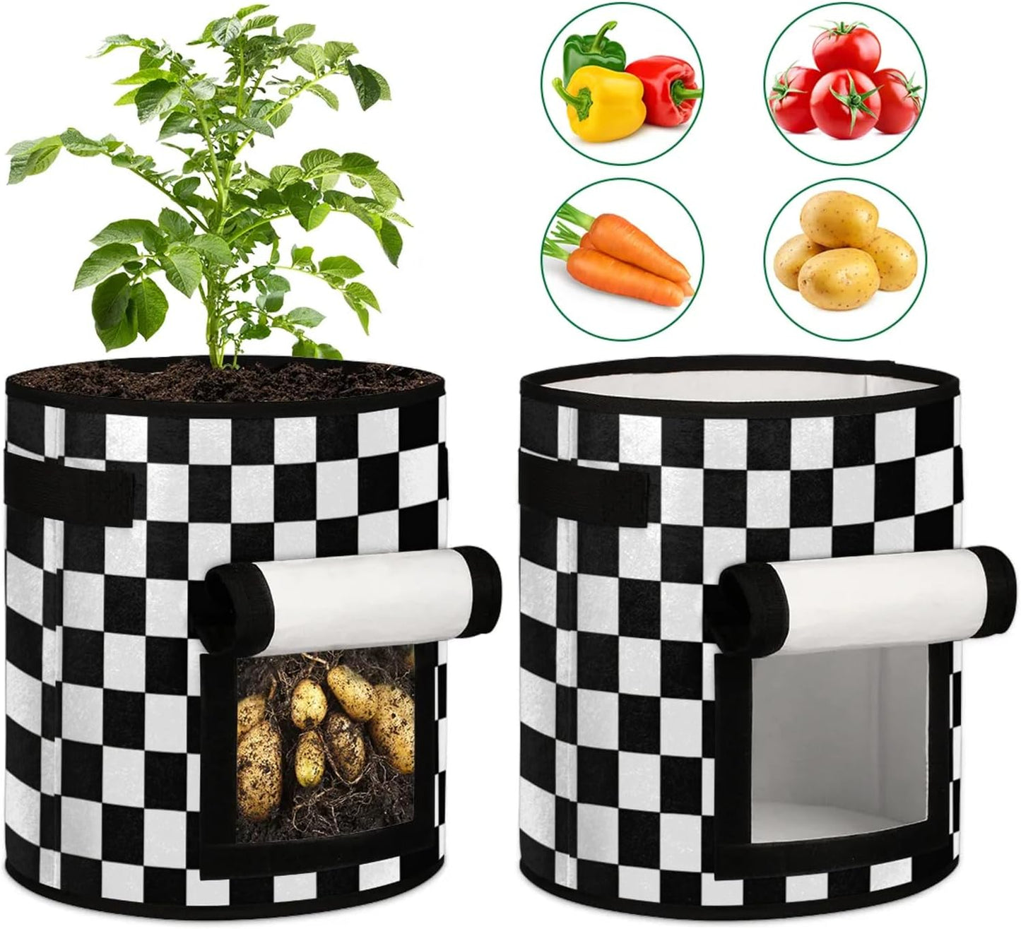 Vegetable Grow Bags Black and White 7 Gallon Thickened Nonwoven Plant Pot Flowers Potato Fruit Plant Grow Bag with Handle Garden Plant Bag Outdoor 2 Pack