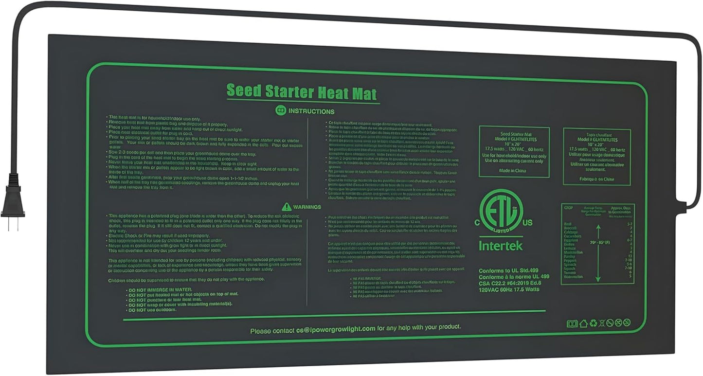 iPower Waterproof Seedling Heat Mat 10" x 20", ETL Certified Durable Germination Heating Pad, for Seed Starting Propagation