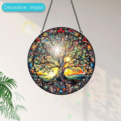 Tree of Life Suncatcher Stained Glass Window Hanging - 8″ Handmade Sun Catchers Indoor Window Catcher Suncatchers for Windows Hanging - Wall Art Home Garden Decor Panel - Birthday Gifts for Women Men