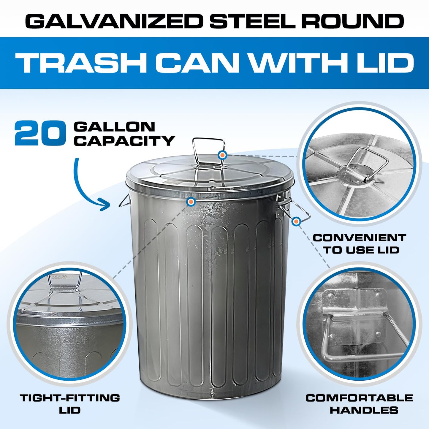 Plexon 20 Gallon Metal Trash Can with Lid Outdoor Galvanized Steel Large Garbage Can, 3 Pack