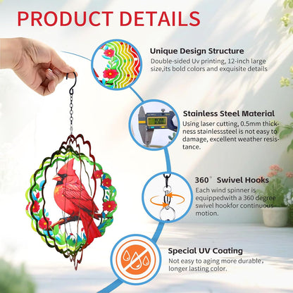Metal Wind Spinners Outdoor,Cardinal Hanging Wind Spinner Gifts for Women Men,12 inch 3D Stainless Steel Wind Catchers Kinetic Sculpture for Garden Decor,Outside,Yard,Patio,Backyard,Porch Decoration