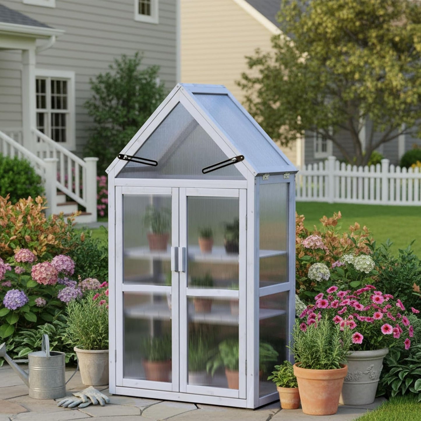 JOYBASE Wooden Mini Cold Frame Greenhouse for Outdoor with Adjustable Shelves, Opening Roof & Wall Mounts - Ideal for Patio, Balcony & Garden, Grey