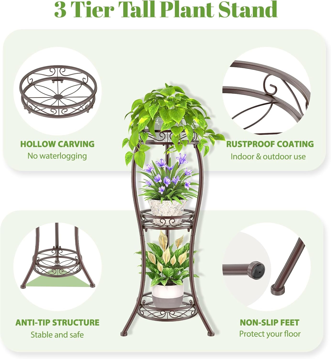 iDavosic.ly 3 Tier Tall Metal Plant Stand Indoor Outdoor, Wrought Iron Corner Flower Pot Holder Shelf, 34 Inch Vertical Display Rack for Patio Porch Living Room Garden, Bronze