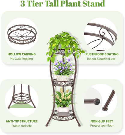 iDavosic.ly 3 Tier Tall Metal Plant Stand Indoor Outdoor, Wrought Iron Corner Flower Pot Holder Shelf, 34 Inch Vertical Display Rack for Patio Porch Living Room Garden, Bronze
