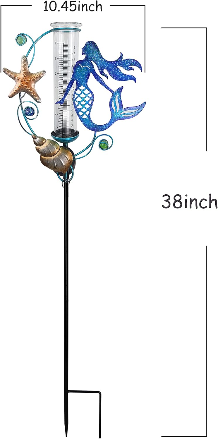 JOYbee Mermaid Solar Powered Rain Gauge Garden Stake,Metal Mermaid Stake with Replacement 7" Capacity Glass Tube, LED Lights Glass Tube (Solar Rain Gauge),Decoration for Yard Lawn Outside