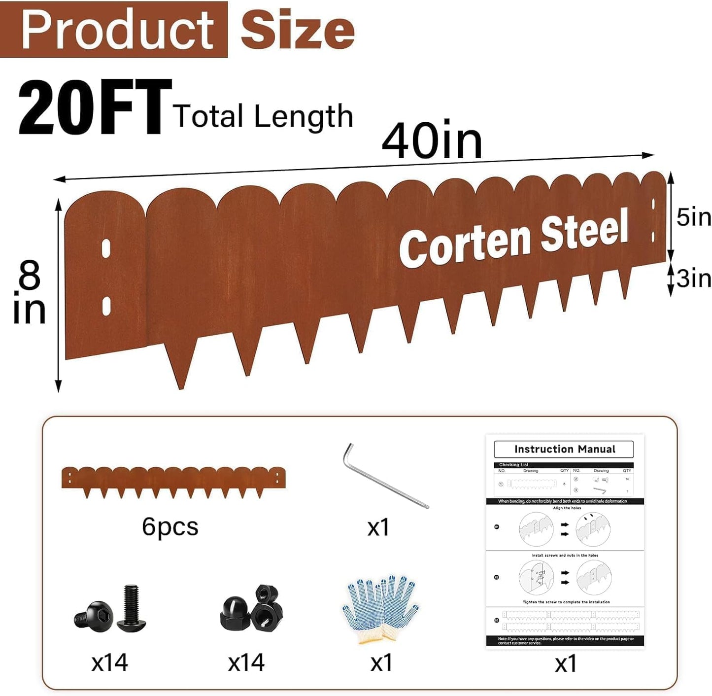 Cor-Ten Steel Landscape Edging – 8" Tall x 40" Long (6-Pack, 20FT Total) | Rustic Bendable Metal Garden Edging for Lawn, Yard & Patio | Heavy Duty Scalloped Edges – DIY Landscaping Edging