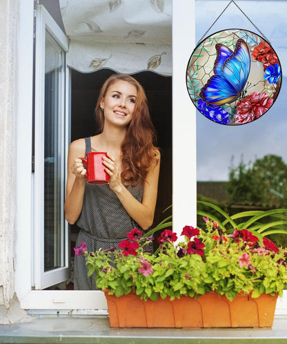 12 Inch Stained Glass Window Hanging,Large Butterfly Suncatcher, Stained Glass Suncatcher, Butterfly Home Wall Art Decor for Indoor Window, Hand Multicolor Panel Sun Catcher