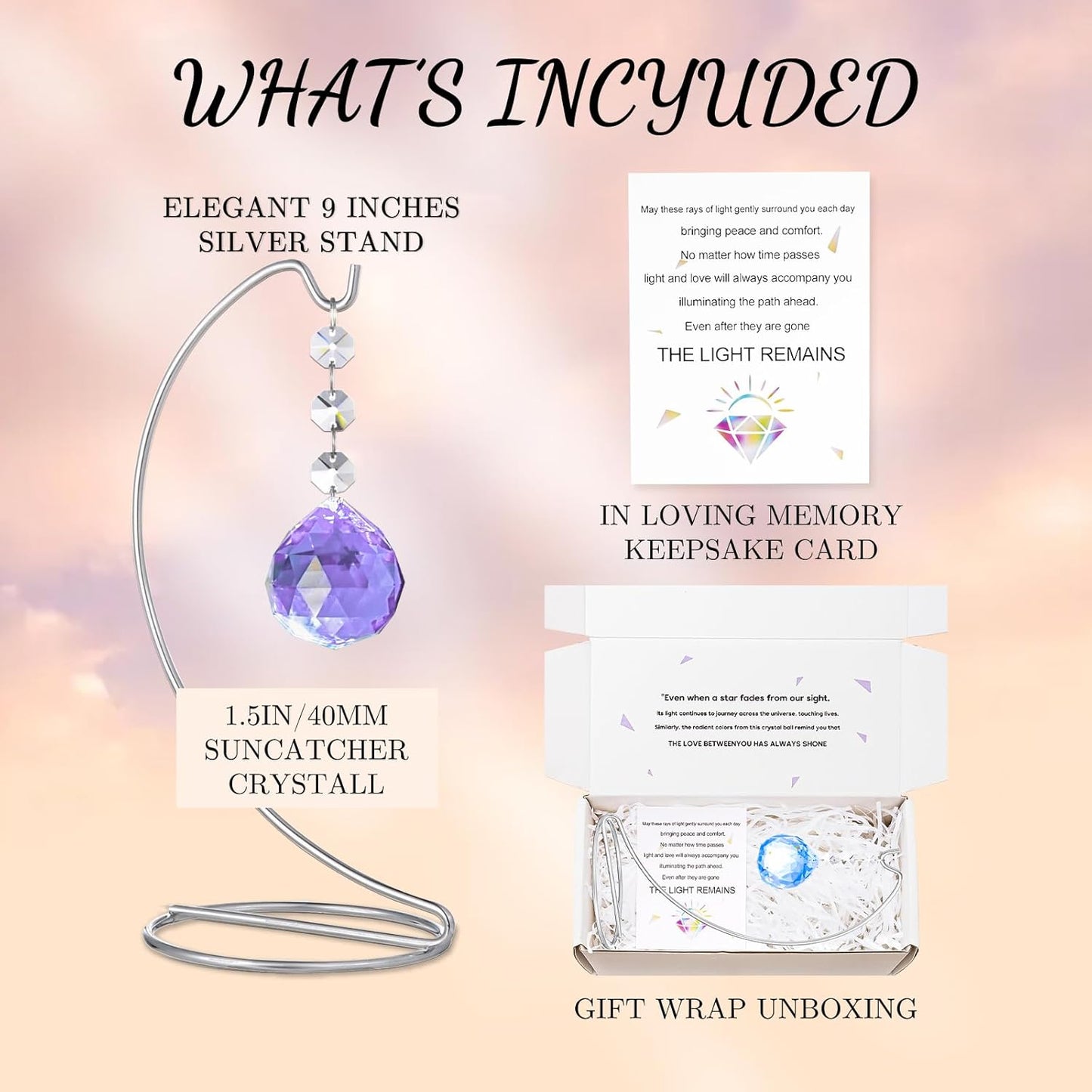 9-Inch,Unique Sympathy Gifts for Loss of Loved One,40mm Crystal Suncatcher,Condolences Gift for Loss of Mom Dad Friend Son Daughter,in Memory of Loved One Gifts,Silver Stand and a Sympathy Card