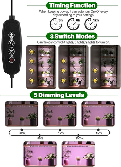 Grow Lights for Indoor Plants Full Spectrum, Kalolary 720 LEDs Grow Lights with 3/6/12H Timer, Thin Panel Growing Lamp with 5 Dimmable Levels, 3 Lighting Modes, for Greenhouse Plant Growth(4 Packs)
