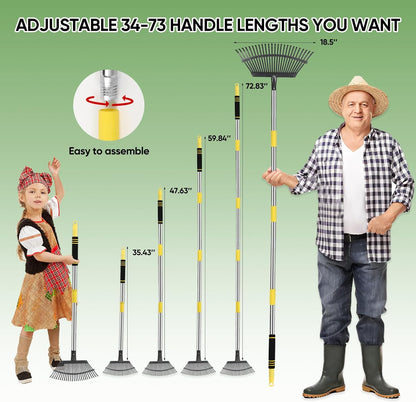 Rake Heavy Duty 6FT Long Garden Rakes , 18.5 Inch Wide Leaf Rake for Lawns, 25 Metal Tines, Adjustable Stainless Steel Handle for Leaves, Yards, Grass, Garbage, Weeds, Debris (Yellow)